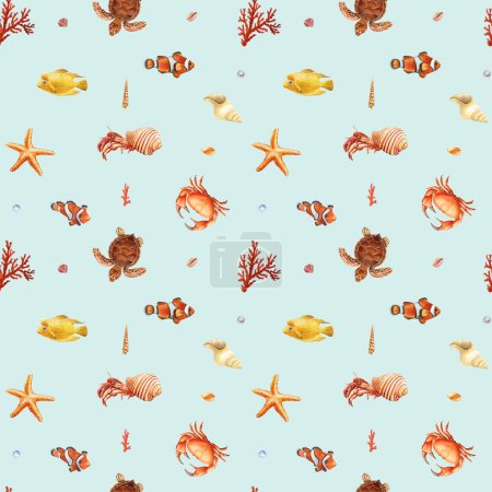Watercolor seashell seamless pattern. Underwater creatures, crab, starfish, sea shell coral, nautical Design wallpaper. High quality illustration