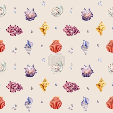 Watercolor seashell seamless pattern. Underwater creatures, Seashell repeat texture background. Hand drawn. Design wallpaper. High quality illustration