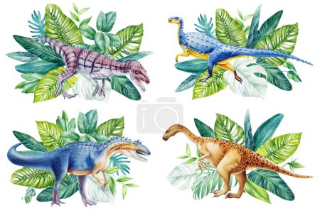 Foto de Dinosaurios en bosque tropical, palma de la selva hojas acuarela pintura, acuarela pintada a mano dinosaurios ilustración. ilustración de alta calidad - Imagen libre de derechos