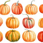 Pumpkins on isolated white background. Watercolor hand-painted pumpkins set, Autumn botanical painting fall, orange pumpkin autumn clipart. High quality illustration