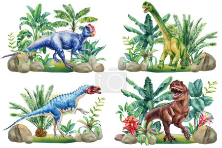 Watercolor dinosaur set illustration with prehistoric landscape, plants and palm tree. Green Dinosaur, tropical clipart. High quality illustration. Mesozoic era