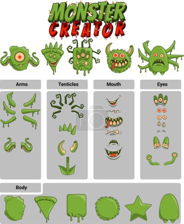 Ilustración de Presentamos nuestro conjunto de diseño Monster Creator basado en vectores que te permite crear tus propios monstruos con solo unos pocos clics. Con este conjunto de gran alcance se puede seleccionar de una variedad de cuerpo prediseñado - Imagen libre de derechos