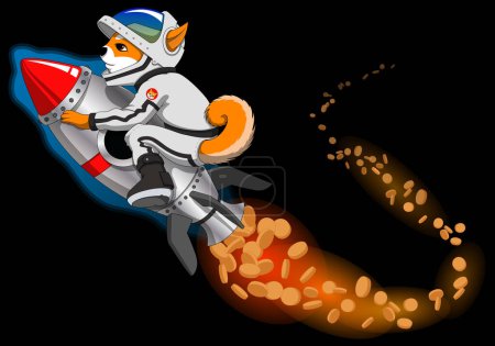 Ilustración de Un genial zorro volando un cohete de dinero en el espacio. Podría hacer una gran mascota para la moneda Crypto o cualquier analogía para ganar dinero. - Imagen libre de derechos
