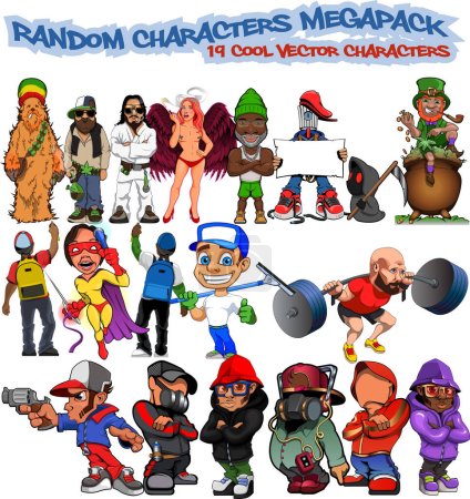 Ilustración de 19 Personajes aleatorios Mega Pack. Una colección de personajes de mascotas magistralmente dibujados con un ambiente urbano de graffiti callejero. Adolescente pegado a su teléfono inteligente, personaje de skate, mascota safari, graffiti - Imagen libre de derechos