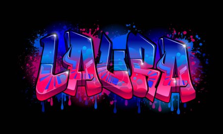 Illustration for Graffiti Styled Design for Laura ....This graffiti design is a vibrant and eye-catching piece that was created using vector graphics. The design features bold and dynamic lettering that is set against - Royalty Free Image