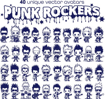 Ilustración de 40 mascotas Punk Rocker. Una colección de iconos vectoriales minimalistas de un solo color. Cada icono es un objeto aislado con la simplicidad en mente. - Imagen libre de derechos