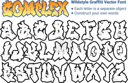 Illustration for A Cool Graffiti Styled Letter Font Alphabet - Complex....Each letter is a separate object so simply drag letters to form your own words. ..This remarkable cool alphabet is the perfect font to use for - Royalty Free Image