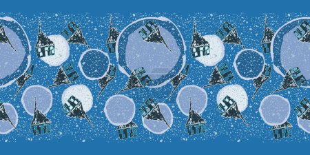 Téléchargez les photos : Boules de neige abstraites motif vectoriel sans couture Illustration de bordure dans les tons de bleu avec des maisons mignonnes et la neige tombante. Idéal pour le papier d'emballage saisonnier, les décorations et les cartes de souhaits. - en image libre de droit