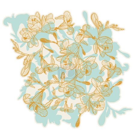 Freesia-Vektormuster. Handgezeichnetes Blumenmuster in Badesalzgrün und Goldrute Orange auf Vintage White. Ideal für T-Shirt-Drucke, Wohnkultur, Modestoffe, Grußkarten und Schreibwaren.