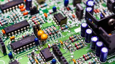 Photo for Electronics on board electrical circuits on closeup shot. Selective focus. - Royalty Free Image