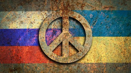 Foto de Símbolo de paz 3D en la pared vieja con banderas de Ucrania y Rusia. No hay concepto de guerra. - Imagen libre de derechos