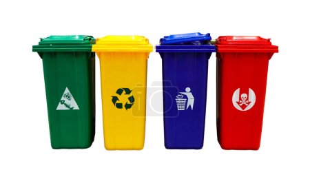 Mülleimer, Abfallarten, getrennt nach Farbe, Mülleimer, Grün, Wertstoffabfälle, Gelb, allgemeine Abfälle, Blau, Sondermüll, Rot, Mülleimer in vielen Farben in verschiedenen Kategorien.