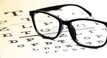 Téléchargez les photos : Lunettes de vue noires dans un tableau de test oculaire sur fond blanc. - en image libre de droit