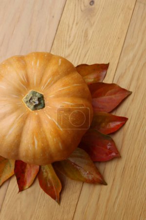 Téléchargez les photos : Citrouille orange pâle fraîche avec feuilles automnales sur fond en bois - en image libre de droit