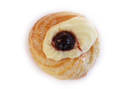 Foto de Italian traditional fried Zeppola for St. Joseph (Fathers day). Homemade sweet pastry with custard cream and black cherry on white - Imagen libre de derechos