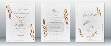 Illustration for Luxury wedding invitation card template with gold nature leaf design minimalist and white watercolor background - Royalty Free Image