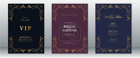 Ilustración de Plantilla de tarjeta de invitación de boda de lujo diseño vintage fondo oscuro con adorno de marco floral dorado - Imagen libre de derechos