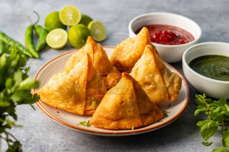 Photo for Selective focus Samosa, Spiced potato-filled pastry, crispy, Savory, popular Indian snack with tomato and mint chutney. - Royalty Free Image