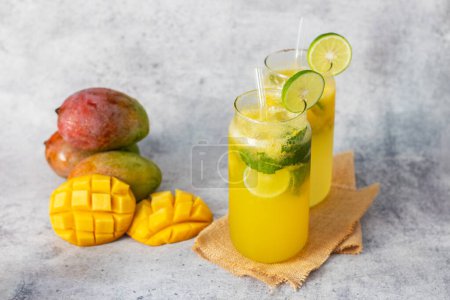 selective focus of mango mojito with a grey background. 