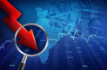 Photo for Indian economy downfall concept. stock market loss. down arrow illustration with Indian map - Royalty Free Image