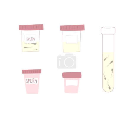 Illustration for Set of medical jars and tubes with semen probe for fertility and genetic analysis of men before applying for sperm donation or pregnancy. Vector illustration. Vector illustration - Royalty Free Image