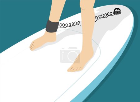 Illustration for Paddleboarding safety connector for feet to connect the human to the board. Legs of person standing on sup board. Vector illustration - Royalty Free Image