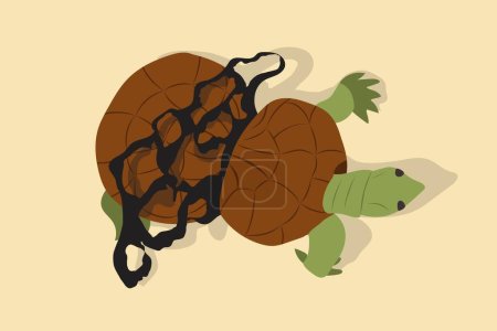 Ilustración de Vector illustration of land turtle stuck in plastic net and grew up not being able to release from it. Turtle shell deformation caused by plastic pollution. Vector illustration - Imagen libre de derechos