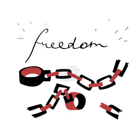 Illustration for Broken handcuffs and lettering with rays for freedom. Vector flat illustration in red and black colours. Vector illustration - Royalty Free Image