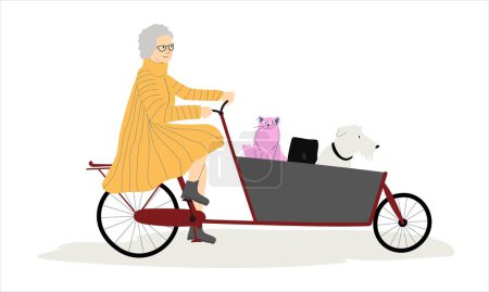 Ilustración de Senior lady riding cargo bicycle bakfiets with her pets cat and dog aboard. Elderly cyclist woman in elegant clothing. Vector illustration - Imagen libre de derechos