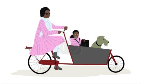 Mother carrying her child and dog on a cargo bike bakfiets. African American lady riding bicycle with from passenger sit. . Vector illustration