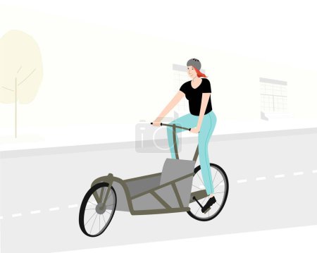 Illustration for Sportive woman riding empty cargo bicycle on city road. Bakfiets composition. Vector illustration - Royalty Free Image
