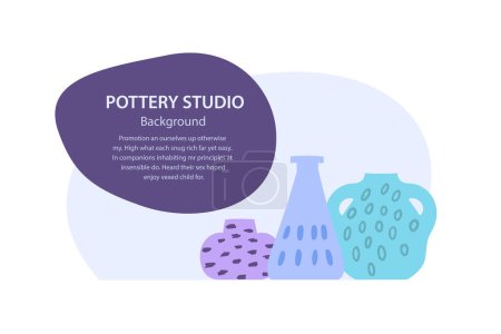 Creative banner of pottery studio or workshop with a set of jugs and vases and space for text. Vector illustration