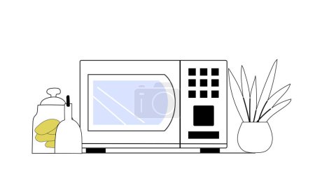 Illustration for Close up kitchen interior composition of microwave oven, jars and flower pot standing on the table. Outline drawing with minimal colourful parts. Vector illustration - Royalty Free Image