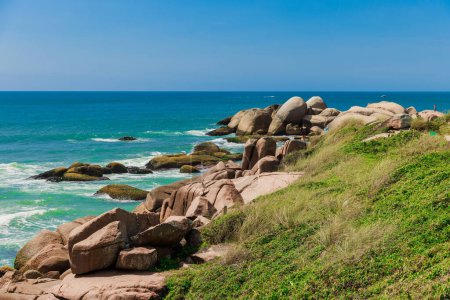 Téléchargez les photos : Incroyables rochers et océan Atlantique bleu à Florianopolis. Plage au Brésil - en image libre de droit