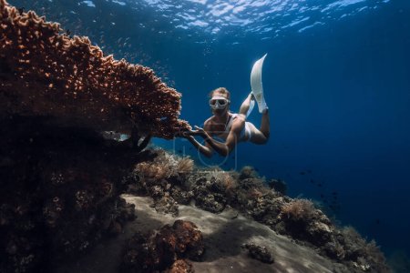 Foto de Freediver se desliza con aletas aferradas al coral. Freediving en océano azul profundo con hermosa chica - Imagen libre de derechos