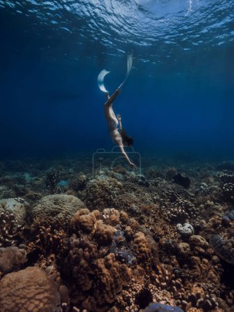 Téléchargez les photos : Plongeur libre avec nageoires plonger au fond de l'océan bleu - en image libre de droit
