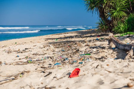 Téléchargez les photos : Plage tropicale de l'océan et poubelles en plastique sur l'île de Bali. Pollution par les déchets plastiques sur le littoral - en image libre de droit
