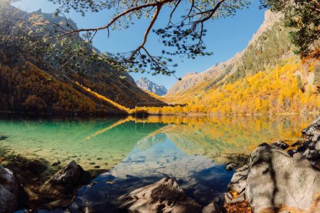 Foto de Lago de montaña con agua transparente y árboles otoñales. - Imagen libre de derechos