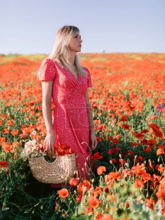 Foto de Atractiva mujer caucásica en un campo de amapola con flores. Mujer de belleza en vestido rojo y bolso de paja con flores silvestres - Imagen libre de derechos