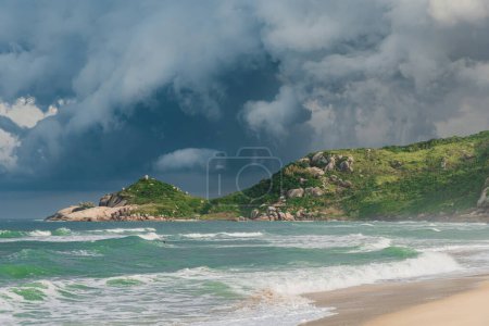 Téléchargez les photos : Plage panoramique avec lumière du soleil avant une tempête. Plage de taupes à Florianopolis - en image libre de droit