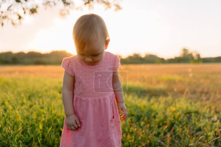Photo for Beautiful child girl in outdoor with sunset tones. Cute baby in pink dress in park. - Royalty Free Image