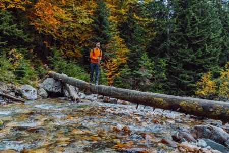 Foto de Caminante permanecer en un tronco sobre el río de la montaña en el bosque otoñal. - Imagen libre de derechos