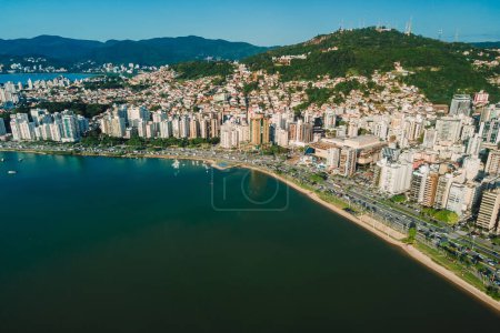 Aerial view of Florianopolis center. City view with architectural landscape