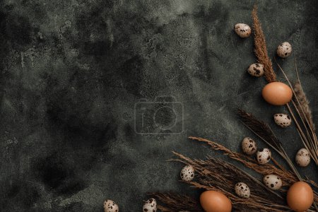 Photo for Easter eggs and feathers on dark background. Flat lay, Top view. - Royalty Free Image