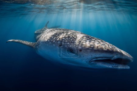 Unterwasser-Weitwinkelaufnahme eines Walhais, der im blauen Ozean mit Sonnenstrahlen schwimmt