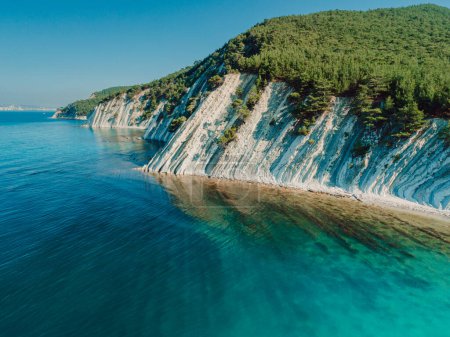Foto de Vista aérea de la costa escénica con mar azul y acantilados rocosos con bosque de pinos. Día de verano en el mar Adriático - Imagen libre de derechos