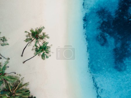 Foto de Imagen de dron aéreo de arriba hacia abajo de la costa en Maldivas. Agua cristalina azul brillante y playa de arena blanca en la hermosa isla tropical paraíso. Vacaciones de verano y viajes - Imagen libre de derechos