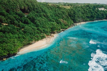 Téléchargez les photos : Plage paradisiaque avec océan turquoise et vagues à Bali. Vue aérienne - en image libre de droit