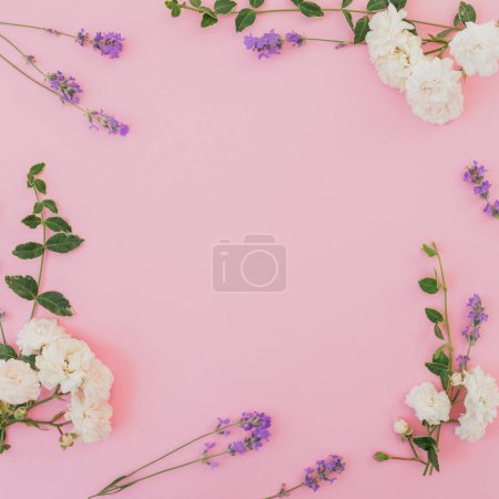 Téléchargez les photos : Cadre floral avec des roses blanches et des fleurs de lavande sur fond rose tendre. Plat, Vue sur le dessus - en image libre de droit