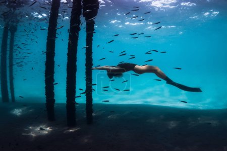 Téléchargez les photos : Femme plongeur sous-marin avec des poissons en mer bleue. Femelle nage sous la jetée avec les bases de la jetée - en image libre de droit